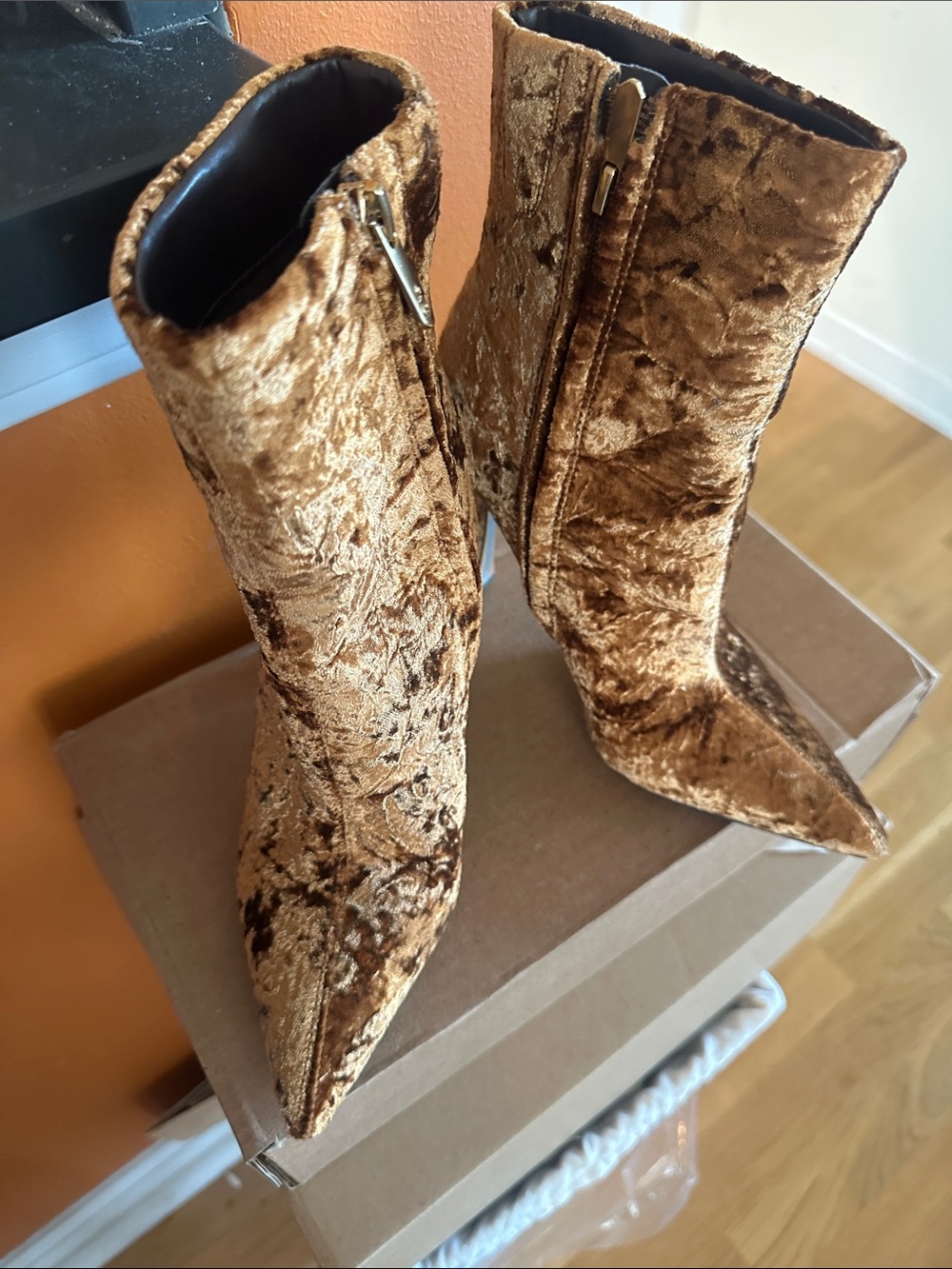Sam Edelman Crushed Velvet Pointed-Toe Ankle Boots in Bronze